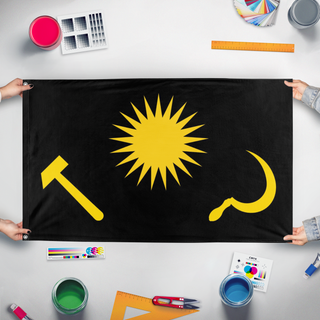 A mockup of the custom flag 'Ala Hefida/Xebatina flag' held up on a table during print checking