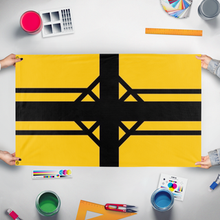 A mockup of the custom flag 'Scranton Redesign flag' held up on a table during print checking