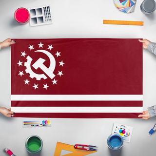 A mockup of the custom flag 'USSA  flag' held up on a table during print checking