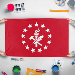 A mockup of the custom flag 'APLA Jacobins flag' held up on a table during print checking
