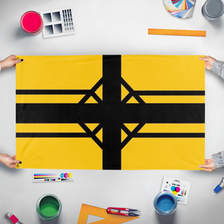 A mockup of the custom flag 'Scranton Redesign flag' held up on a table during print checking
