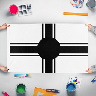 A mockup of the custom flag 'SUNG SIEW EMPIRE flag' held up on a table during print checking