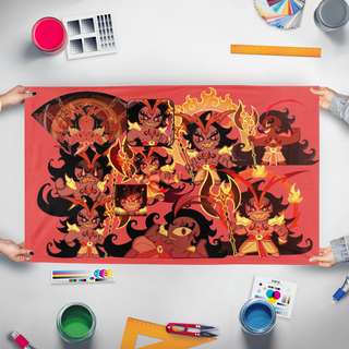 A mockup of the custom flag 'Burning Spice Cookie  flag' held up on a table during print checking