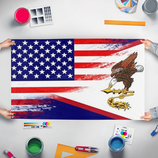 A mockup of the custom flag 'America  flag' held up on a table during print checking