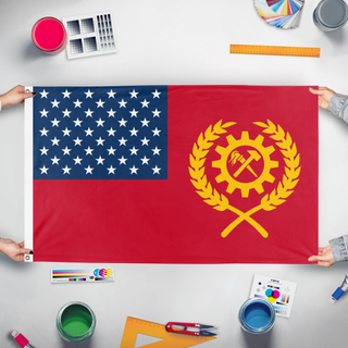 A mockup of the custom flag 'United Socialist States of America flag' held up on a table during print checking