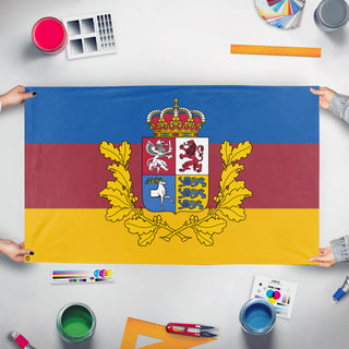 A mockup of the custom flag 'Baltic Federation flag' held up on a table during print checking