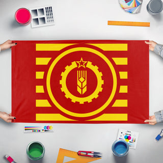 A mockup of the custom flag 'American Socialist States flag' held up on a table during print checking