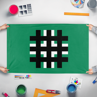 A mockup of the custom flag 'Legionary Movement flag' held up on a table during print checking