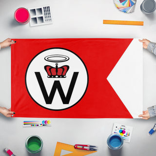 A mockup of the custom flag 'Creativity flag' held up on a table during print checking