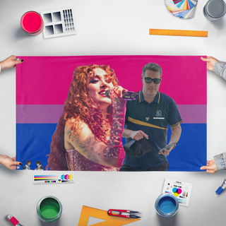 A mockup of the custom flag 'McIntosh flag' held up on a table during print checking