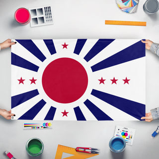 A mockup of the custom flag 'Japanese West Coast flag' held up on a table during print checking
