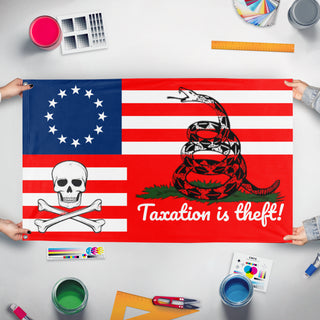 A mockup of the custom flag 'Taxation is Thief  flag' held up on a table during print checking