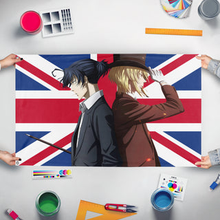 A mockup of the custom flag 'Sherliam flag' held up on a table during print checking