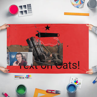 A mockup of the custom flag 'T flag' held up on a table during print checking