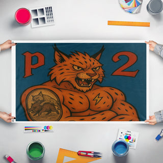 A mockup of the custom flag 'P2 mastoc flag' held up on a table during print checking