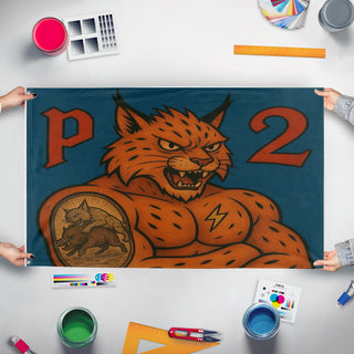 A mockup of the custom flag 'P2 Modife body flag' held up on a table during print checking