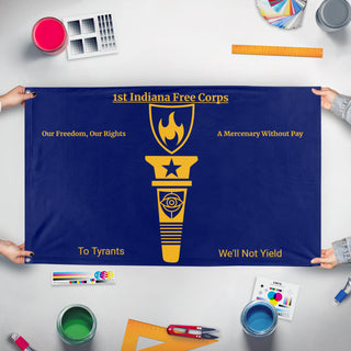 A mockup of the custom flag '1st Indiana Free Corps flag' held up on a table during print checking
