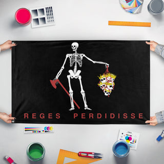 A mockup of the custom flag 'Reges Prdidisse flag' held up on a table during print checking