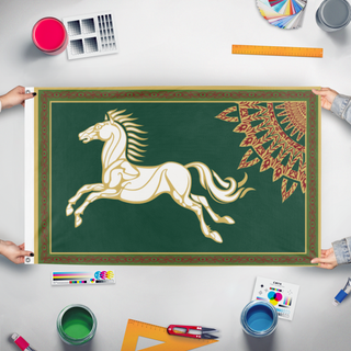 A mockup of the custom flag 'Rohan Flag' held up on a table during print checking