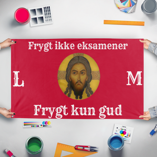 A mockup of the custom flag 'Ekssamens flag' held up on a table during print checking