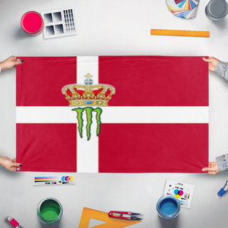 A mockup of the custom flag 'Monstermakr flag' held up on a table during print checking