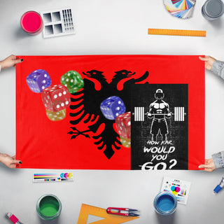 A mockup of the custom flag 'T flag' held up on a table during print checking