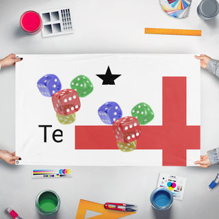 A mockup of the custom flag 'T flag' held up on a table during print checking