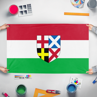 A mockup of the custom flag 'Republican Britain flag' held up on a table during print checking