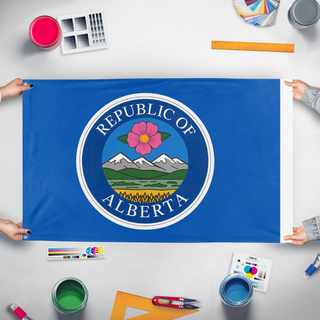 A mockup of the custom flag 'Republic of Alberta  flag' held up on a table during print checking