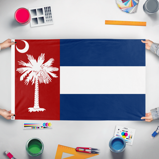 A mockup of the custom flag 'Carolina 3 flag' held up on a table during print checking