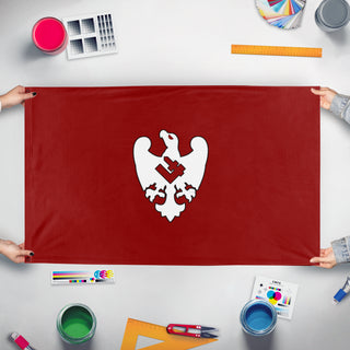 A mockup of the custom flag 'PPNL flag' held up on a table during print checking