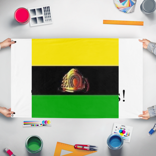 A mockup of the custom flag 'Asante flag' held up on a table during print checking