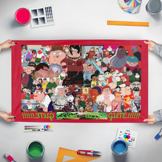 A mockup of the custom flag 'BURTSTAG flag' held up on a table during print checking