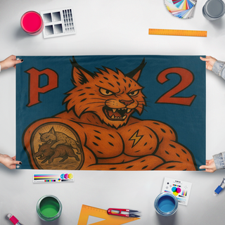 A mockup of the custom flag 'DrapeauP2 flag' held up on a table during print checking