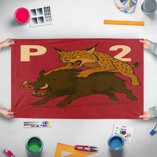 A mockup of the custom flag '55555 flag' held up on a table during print checking
