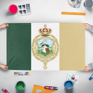 A mockup of the custom flag 'The Kingdom of Cosalia flag' held up on a table during print checking