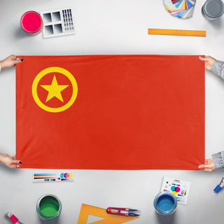 A mockup of the custom flag 'May 4th Movement flag' held up on a table during print checking