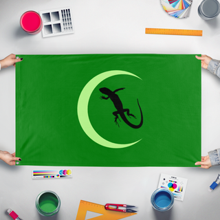 A mockup of the custom flag 'Vex of the Moon flag' held up on a table during print checking