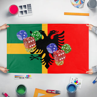 A mockup of the custom flag 'T flag' held up on a table during print checking