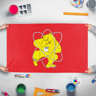 A mockup of the custom flag 'Zheleznogorsk, Krasnoyarsk Krai flag' held up on a table during print checking