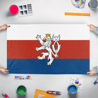 A mockup of the custom flag 'Czech tricolor with Bohemian lion flag' held up on a table during print checking