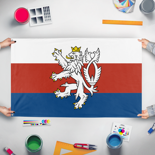 A mockup of the custom flag 'Czech tricolor with Bohemian lion flag' held up on a table during print checking