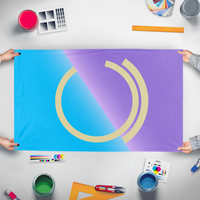 A mockup of the custom flag 'la Regno de Omnijo flag' held up on a table during print checking