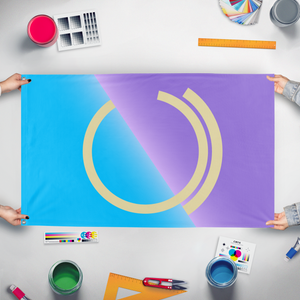 A mockup of the custom flag 'la Regno de Omnijo flag' held up on a table during print checking