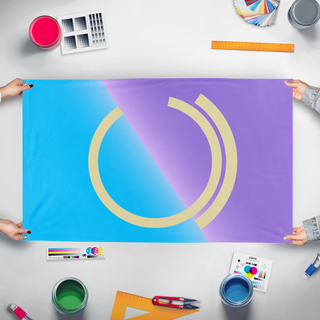 A mockup of the custom flag 'la Regno de Omnijo flag' held up on a table during print checking
