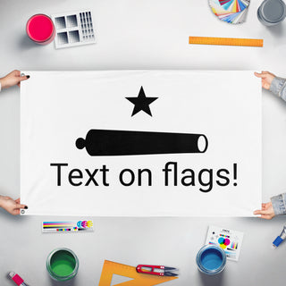 A mockup of the custom flag 'Test 1 flag' held up on a table during print checking