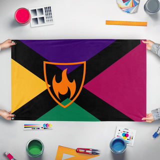 A mockup of the custom flag 'Tennessee knoxist republic flag' held up on a table during print checking