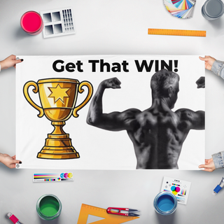 A mockup of the custom flag 'Koos wins flag' held up on a table during print checking