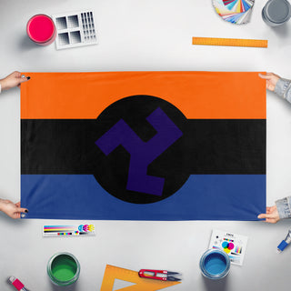 A mockup of the custom flag 'The Knoxist Republic of Tennessee/' held up on a table during print checking