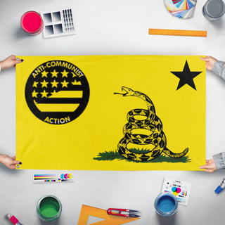 A mockup of the custom flag 'Anti Communist action USA flag' held up on a table during print checking